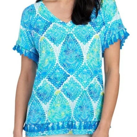Pappagallo Blue/Green Tassel Short Sleeve Tee. Size Small. Excellent Condition! - Picture 1 of 5